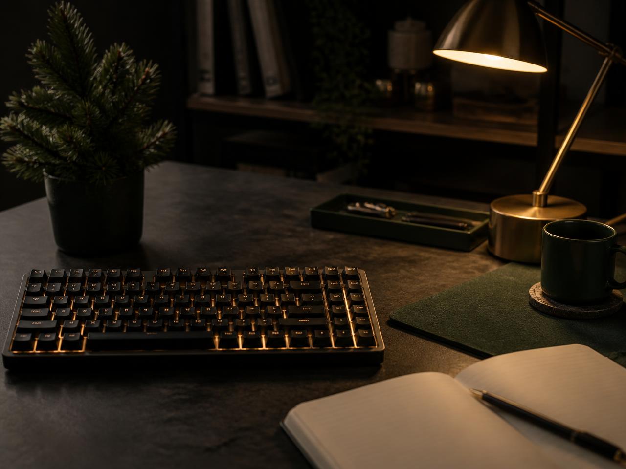 A dark desk lit by a brass lamp, with a backlit mechanical keyboard and a small pine plant